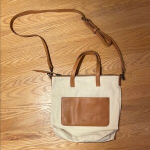 NWOT Able Tan Leather and White Canvas Crossbody Tote Bag